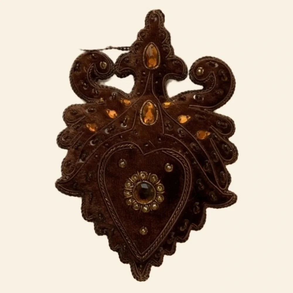NWT Brown Velvet Beaded Jeweled Christmas Tree Ornament 7"